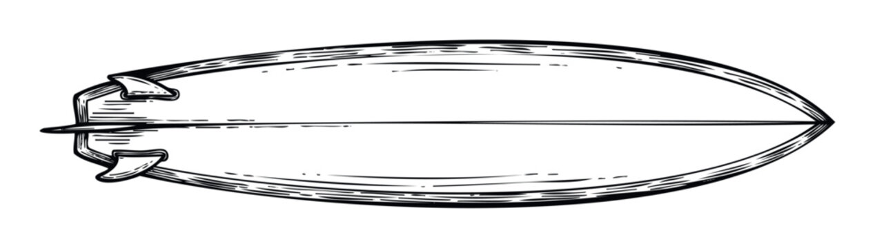 Hand drawn surfboard graphic depicting ocean recreation and beach leisure activities, suitable for promoting surf shops, travel destinations, or summer lifestyle brands and events.