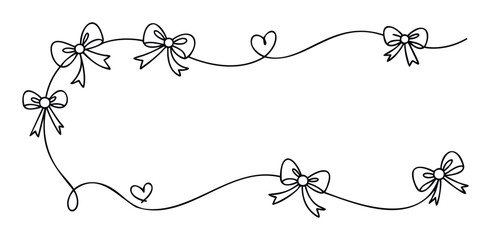 Charming continuous line artwork of decorative bows and sweet hearts forming a graceful border suitable for romantic wedding invitations, baby shower decorations, and festive event framing.