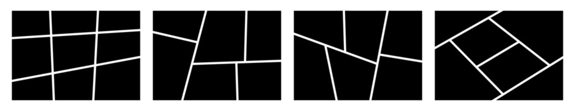 Horizontal manga storyboard template with a grid of empty frames for anime episodes. Vector illustration of black comic book panels for photo collages, magazine layouts, and storyboards.