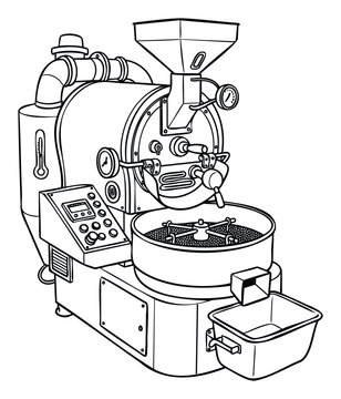 Industrial coffee roaster machine for professional coffee shops and beverage production facilities, perfect for illustrating the process of making fresh roasted coffee beans.