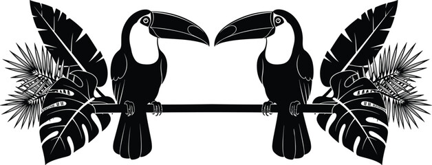 Tropical toucan bird silhouette illustration with exotic jungle leaves symmetrical composition isolated on white background perfect for wildlife nature branding decor and summer design projects © Masuduzzaman