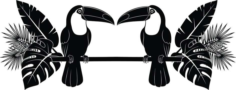 Tropical toucan bird silhouette illustration with exotic jungle leaves symmetrical composition isolated on white background perfect for wildlife nature branding decor and summer design projects
