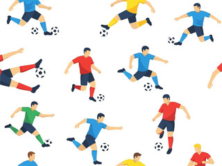 Fototapeta premium Modern seamless vector pattern featuring multiple soccer players in energetic movement poses