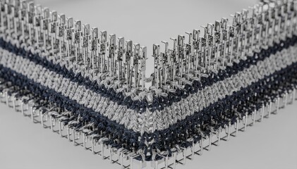 Medium shot of rib setup on knitting machine latch needles illustrating synchronized movement as yarns form textured rib patterns with detailed mechanical rhythm.