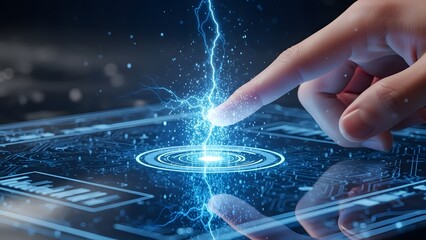 Advanced technology interface and biometric authentication. Interactive touch screen and innovation concepts. Finger touching a digital surface with glowing electric sparks