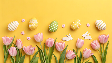 A colorful Easter-themed arrangement with decorated eggs, pink tulips, and white bunnies on a yellow background