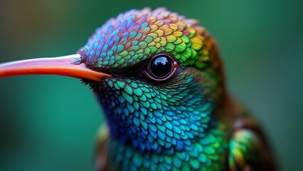 Obraz premium A vibrant hummingbird with iridescent feathers and long beak in a lush green environment viewed from the side