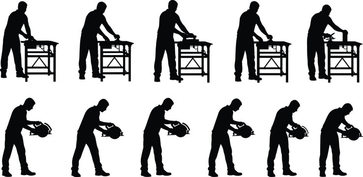 Set of black silhouette workers operating table saw and cutting wood boards, carpentry and woodworking process steps isolated on white background for construction and craft concepts