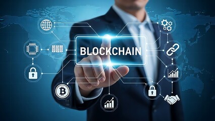 Businessman interacting with blockchain technology concept on blue background with icons
