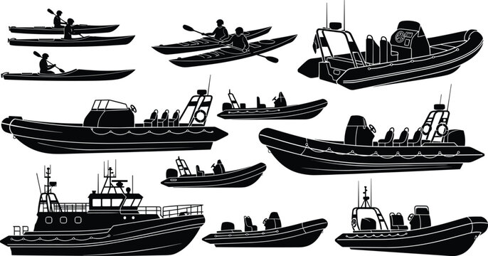 Collection of black silhouette rescue boats and military patrol vessels including rigid inflatable boats and kayaks, isolated on white background, marine transportation and naval operations concept 
