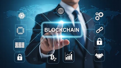Businessman presenting blockchain technology with various icons around him in a futuristic setting