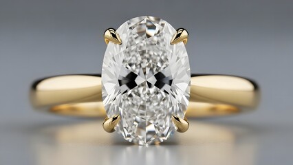 Luxurious oval cut diamond engagement ring in a classic four-prong yellow gold solitaire setting on a soft grey gradient background.