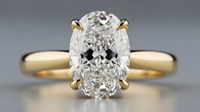 Luxurious oval cut diamond engagement ring in a classic four-prong yellow gold solitaire setting on a soft grey gradient background.