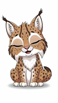 Cute Cartoon Lynx Sitting With Big Eyes White Background