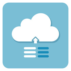 Cloud Computing Icon: A simple yet effective depiction of cloud computing, with a white cloud symbol, upward arrow, and a set of data lines indicating data upload or storage.