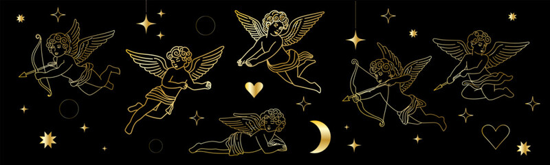 Gold Vintage Cupid Angel Icon. Cute Cherub Character Golden Outline Silhouette. Valentine's Day or Wedding Decoration Symbol. Flying Romantic God with Wings and Bow and Arrows. Christmas Sign.