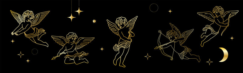 Obraz premium Gold Vintage Cupid Angel Icon. Cute Cherub Character Golden Outline Silhouette. Valentine's Day or Wedding Decoration Symbol. Flying Romantic God with Wings and Bow and Arrows. Christmas Sign.