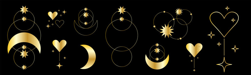 Gold Vintage Decorative Element Icon. Glossy Glamour Romantic Symbol. Moon, Stars heart Shape. Occelt Esoteric Astrology Theme Decoration. Retro Shine Sign Collection