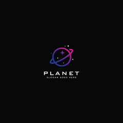 Fototapeta premium Planet logo design illustration with space rock and star decoration on black background