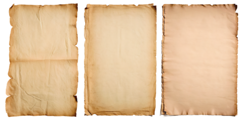 Three vintage parchment sheets on white background isolated on a transparent background paper
