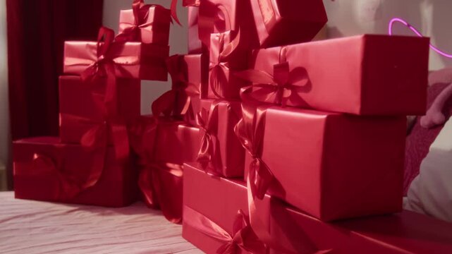 Tilt up no people view of stacks of wrapped red gift boxes tied with matching ribbons, with heart-shaped garlands and wall posters in background