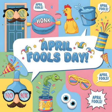 Playful April Fools&rsquo; Day scene with joke toys and balloons, modern stock photography