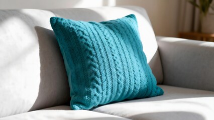Teal CableKnit Cushion on White Sofa