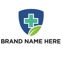 Obraz premium Healthcare Logo Template with Medical Cross and Green Leaf in Shield for Natural Wellness Pharmacy Clinic Hospital and Eco Friendly Health Insurance Identity in Flat Vector Style