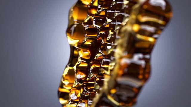 closeup golden honeycomb hexagonal cells glistening with viscous honey, studiolit macro view of amber wax, dripping nectar pooling in cells, textured surface, artisanal beekeeping frame inspected