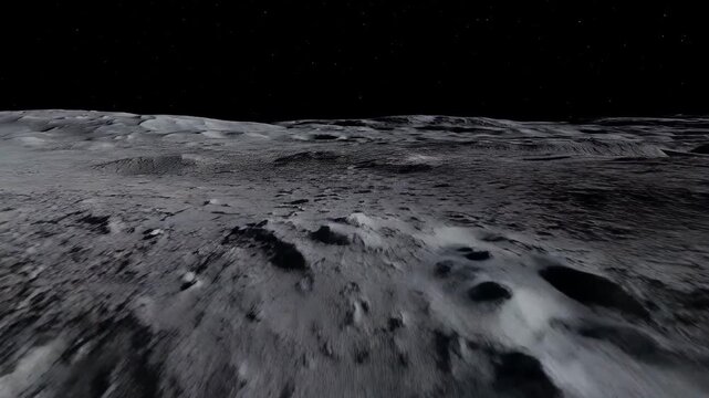 Lunar surface fly over showing impact craters ridges and regolith texture under sunlight