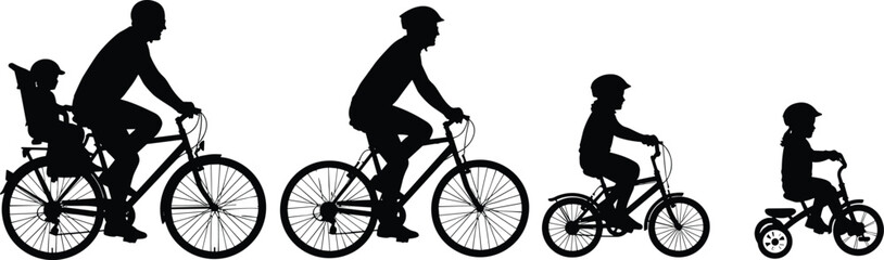 Obraz premium Family cycling silhouettes showing parents and kids riding bicycles, outdoor activity vector set for healthy lifestyle fitness sport recreation design projects