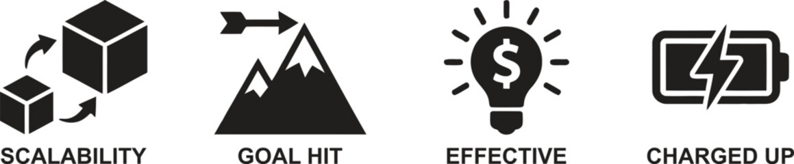 Business icons representing scalability, goals, effectiveness, and energy
