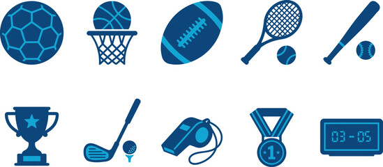Blue sports icons featuring various athletic equipment and symbols © VisiNode Studio