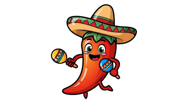 Cute Cartoon Red Chili Pepper Character Wearing Sombrero Playing Maracas