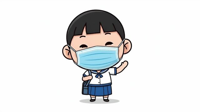 Cute Cartoon School Girl Wearing Mask Waving Hand Isolated