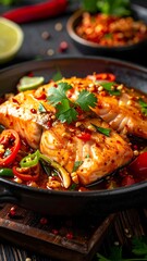 Sizzling salmon steaks glisten in a dark bowl, topped with vibrant herbs and peppers, on a rustic wooden surface