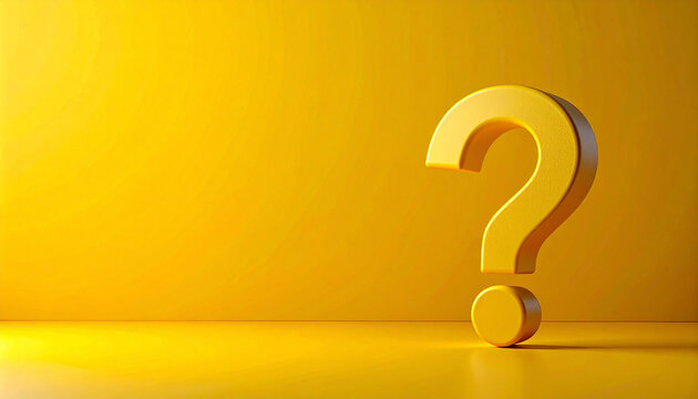 3D question mark floating on yellow backdrop. Inquiries, customer support, problem solving, FAQ.