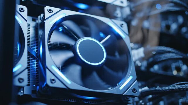 Close-up of a spinning computer cooling fan with blue LED lights. PC hardware component inside a desktop case. Technology and gaming concept