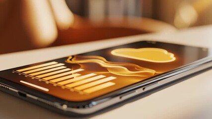 Smartphone screen shows a cloud computing data animation. A glowing bar chart illustrates business growth and financial analytics. Modern technology concept - Powered by Adobe