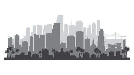 Obraz premium Miami skyline vector illustration in grayscale. Foggy urban cityscape with skyscrapers and palm trees. Monochrome Florida city background with atmospheric depth and modern buildings.