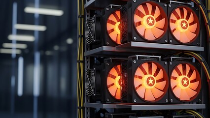 Closeup of computer server with glowing orange fans in data center environment with blurred background