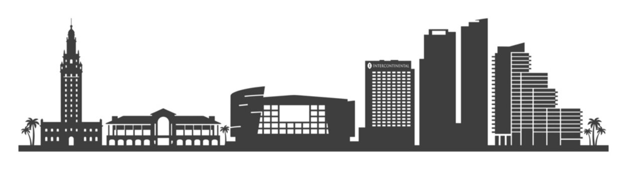 Miami skyline vector silhouette. Black cityscape panorama of Florida downtown. Urban architecture background with Freedom Tower and palm trees. Isolated monochrome city shape.