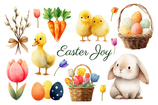 Watercolor Easter set. Cute bunny with flowers, duckling, willow branch, basket with tulips, Easter eggs, carrots etc. Spring Easter cliparts for cards and design.
