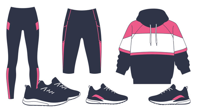 Modern vector illustration of sportswear outfit set including hoodie, jogger pants and running shoes, suitable for fitness, active lifestyle and athletic fashion concepts.