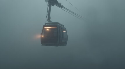 A cable car moving through thick fog