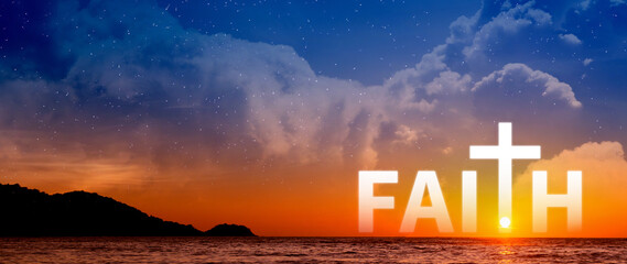 Faith and fear concept. words written with Clouds blue sky, Inspirational Christian message of hope and belief journey with the word faith. not ai