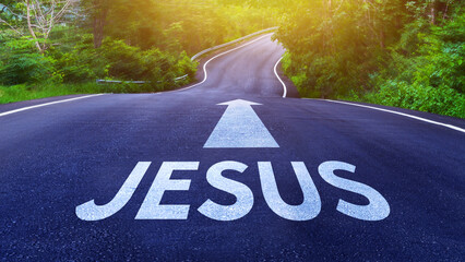 Fototapeta premium Jesus and Faith concept. words written on the asphalt and arrows, Inspirational Christian message of hope and belief journey with the word faith. not ai