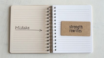 Open notebook showing mistake corrected with arrow and rewrite