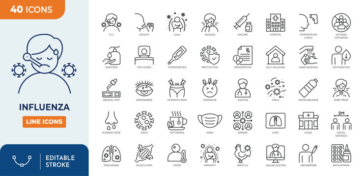 Influenza icon set. Contain icons related to Influenza, flu, virus, covid, sick, and more. Outline icon collection. Editable stroke. Vector illustration