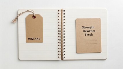 Open Notebook with Tags Presenting Ideas on a White Surface